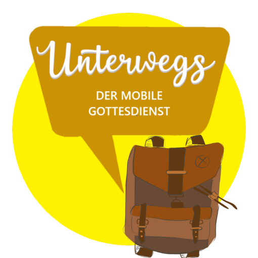 Logo: Gelber Kreis mit Rucksack und ockerfarbener Sprechblase "Unterwegs - DER MOBILE GOTTESDIENST"